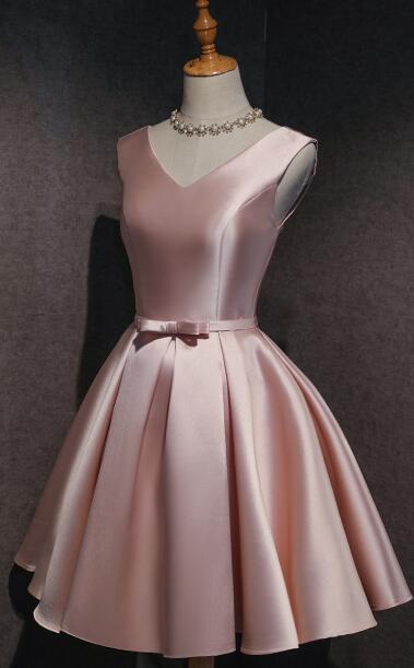 Luolandi Cute Short Satin Pink V-neckline Knee Length Party Dress Prom Dress Homecoming Dress Formal Dress